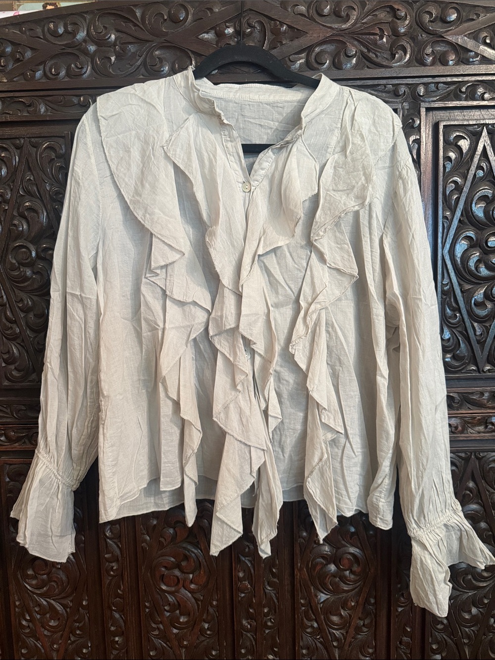 New I Love Linen Cream Ruffle Front Blouse - Lightweight Long Sleeve